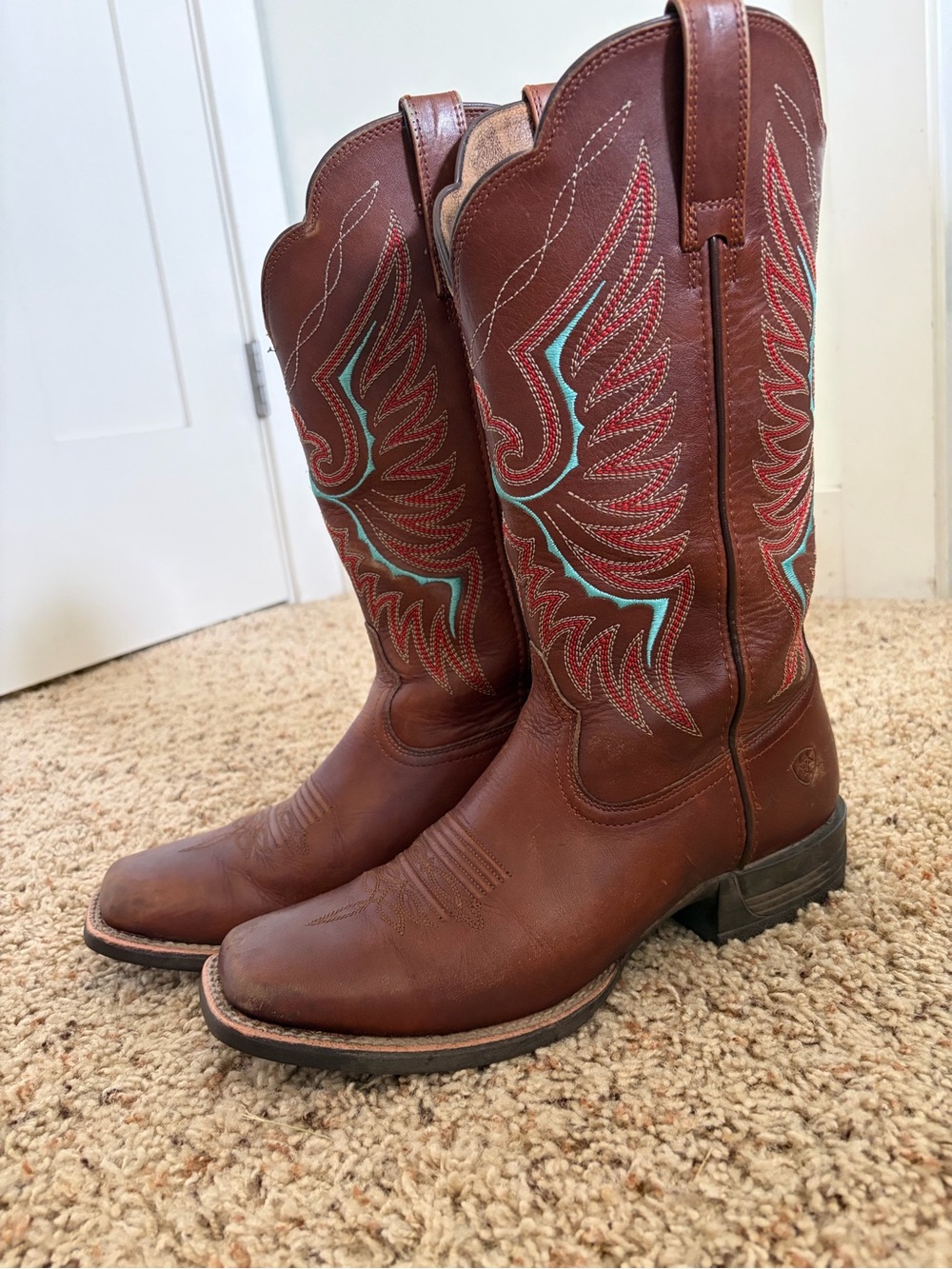 Ariat Brown Leather Western Heeled Boots with Turquoise & Red Stitching